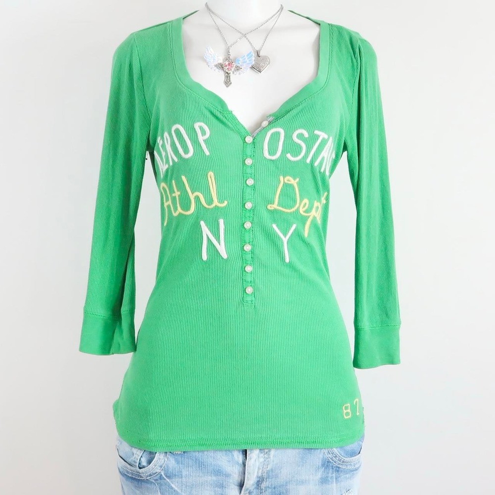aeropostale green ribbed henley long sleeve top y2k l/g